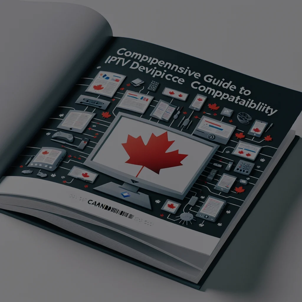 Open book, Canadian flag on screen, tech devices.