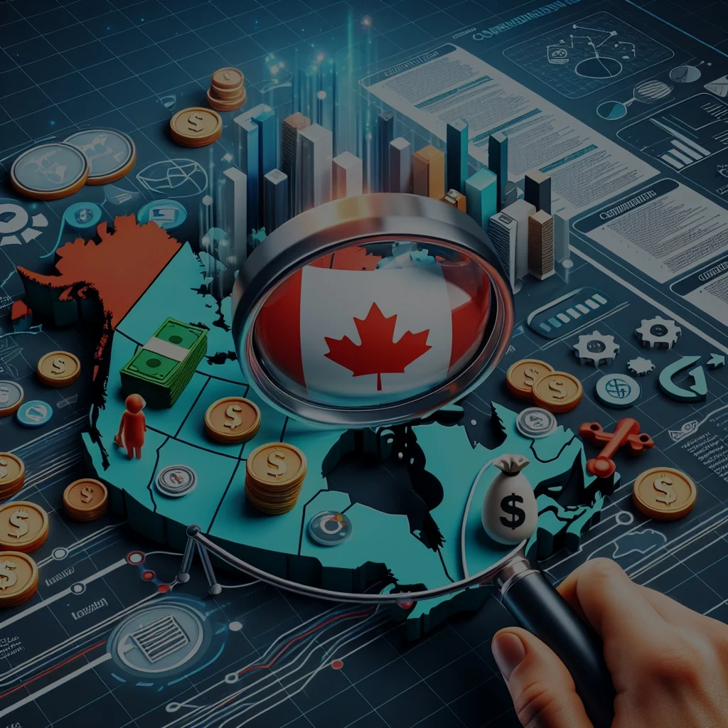 Canadian economy analysis with magnifying glass and finances