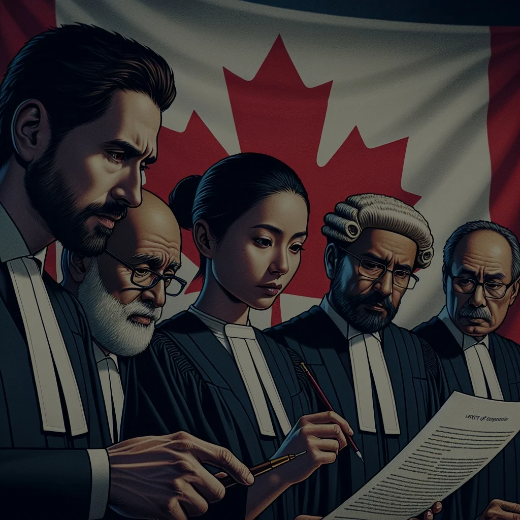 Judges reviewing documents in front of Canadian flag.